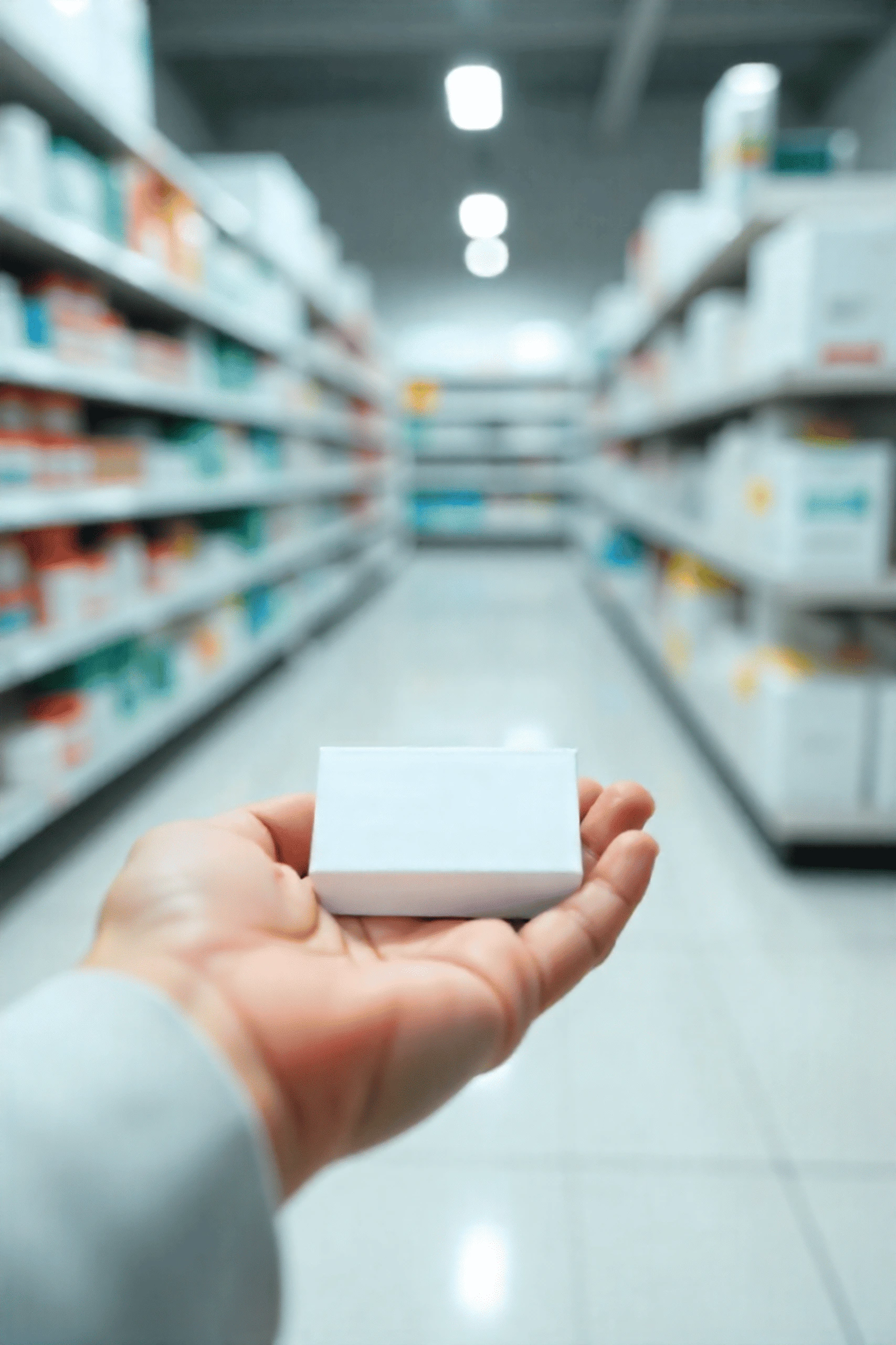 Hand arranging medicine packaging box on counter by G Century Print